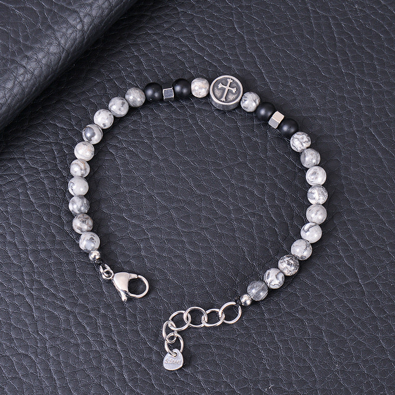 Wholesale Vintage Stainless Steel Cross Men's Natural Stone Beaded Bracelet